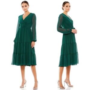 Ieena Mac Duggal Long Sleeve Emerald Green Ruched Surplice Tiered Midi Dress 16